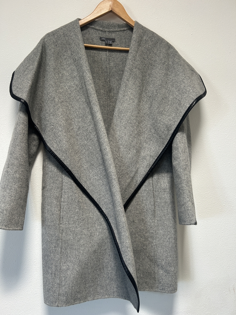 Vince Gray Open-Front Wool-Blend Cape Coat with Black Trim